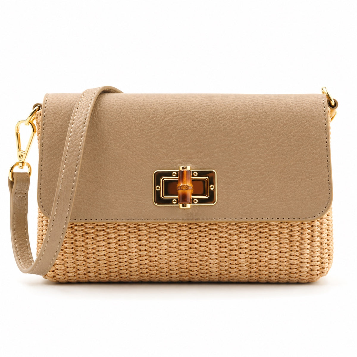 Elena Paglia – Beige, woven straw body and leather flap with detachable strap