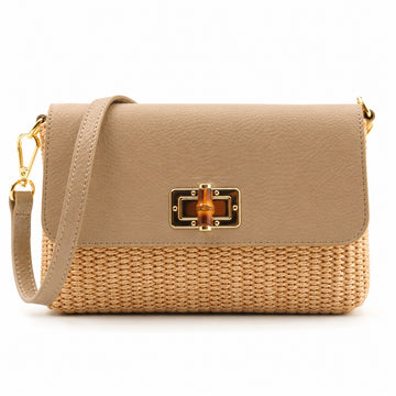 Elena Paglia – Beige, woven straw body and leather flap with detachable strap