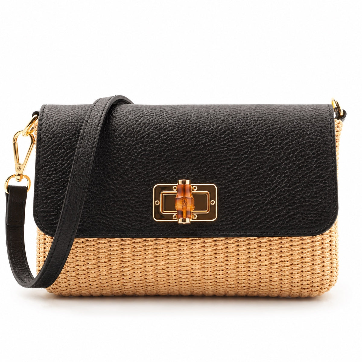 Elena Paglia – Black, woven straw body and leather flap with detachable strap