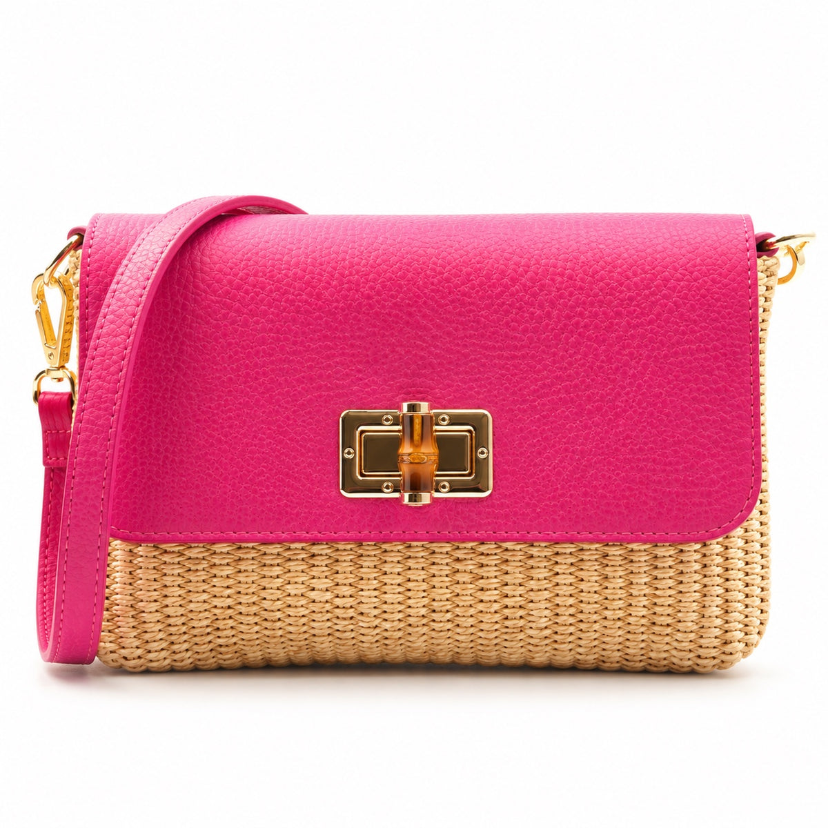 Elena Paglia – Fuchsia, woven straw body and leather flap with detachable strap