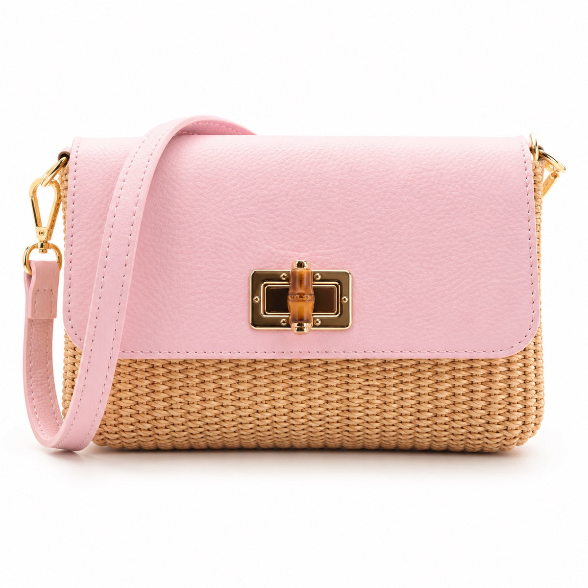 Elena Paglia – Light Pink, woven straw body and leather flap with detachable strap