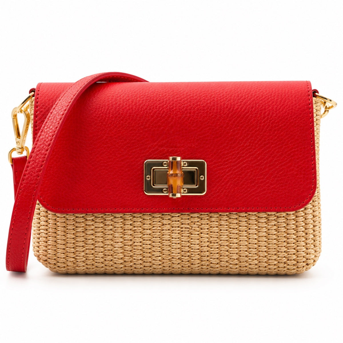 Elena Paglia – Red, woven straw body and leather flap with detachable strap