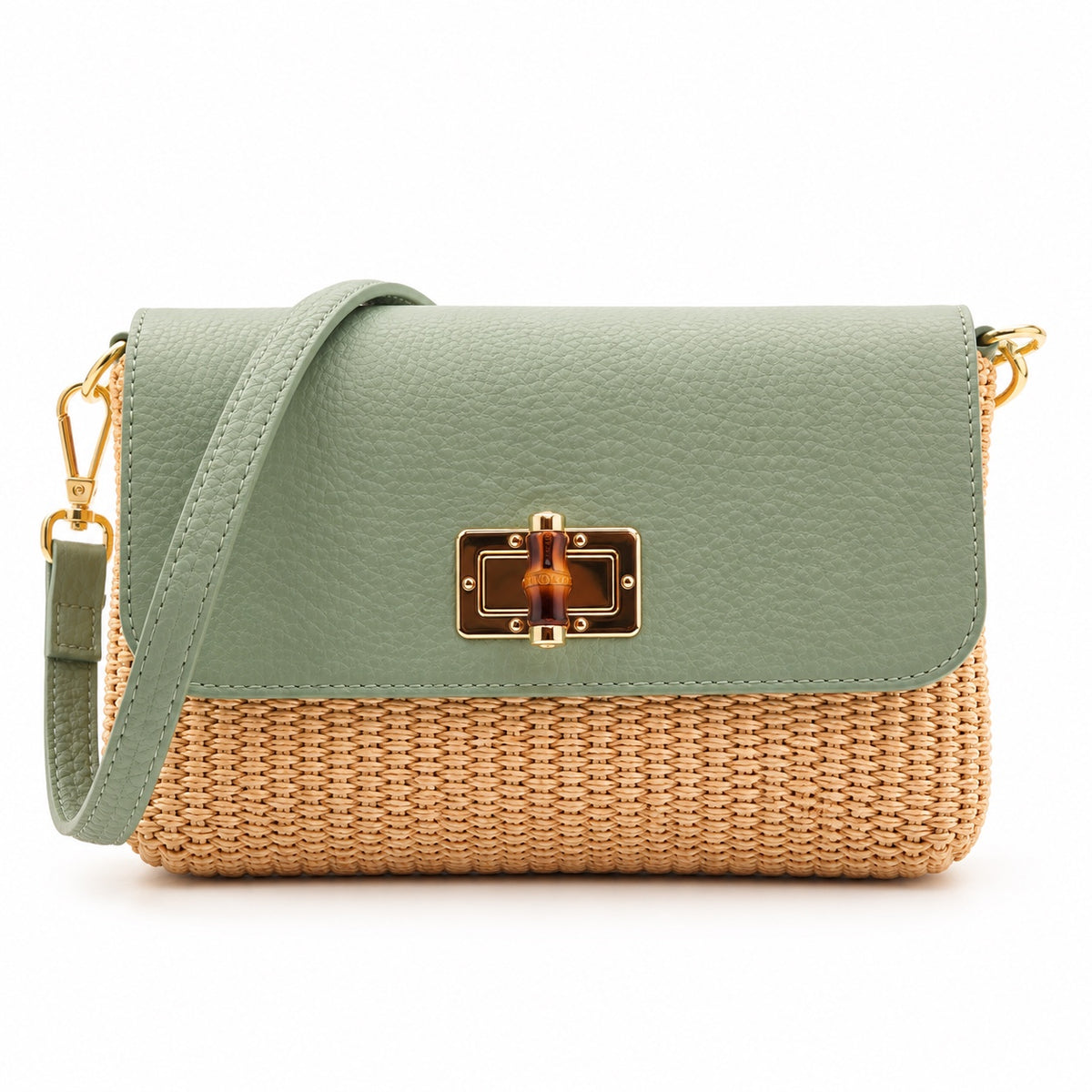 Elena Paglia – Sage Green, woven straw body and leather flap with detachable strap