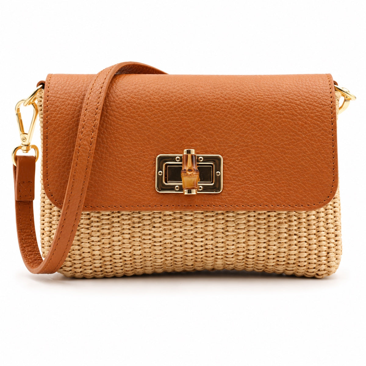Elena Paglia – Tan, woven straw body and leather flap with detachable strap