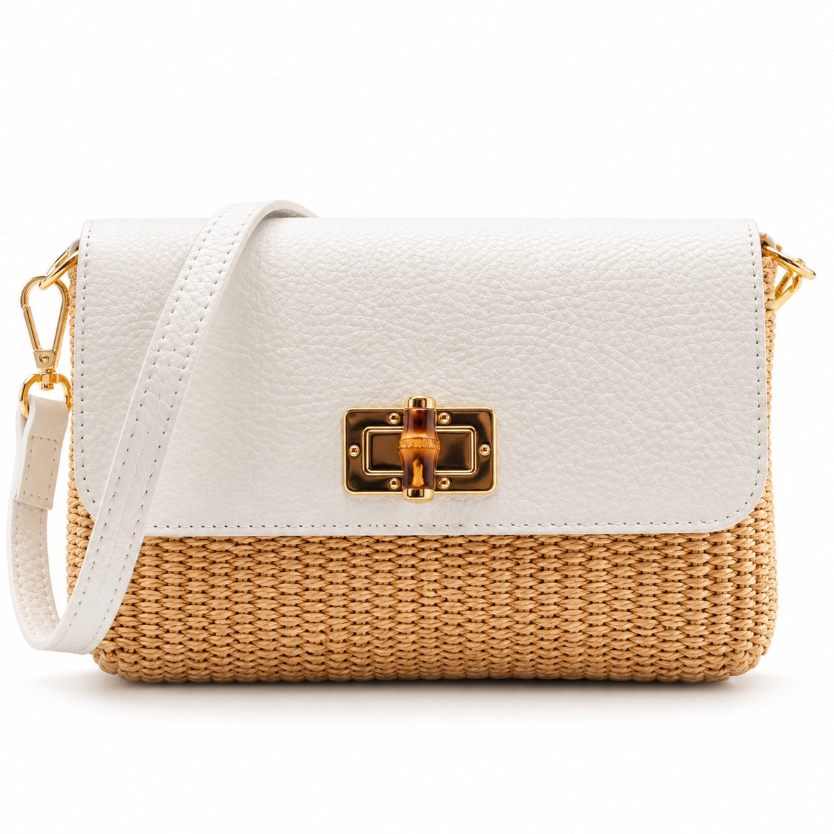 Elena Paglia – White, woven straw body and leather flap with detachable strap